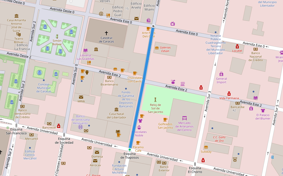 Avenida Sur 1 walking route map in Caracas