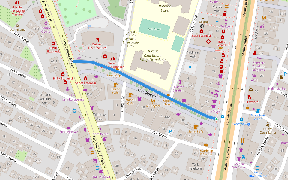 Sanat Sokak walking route map in Batman