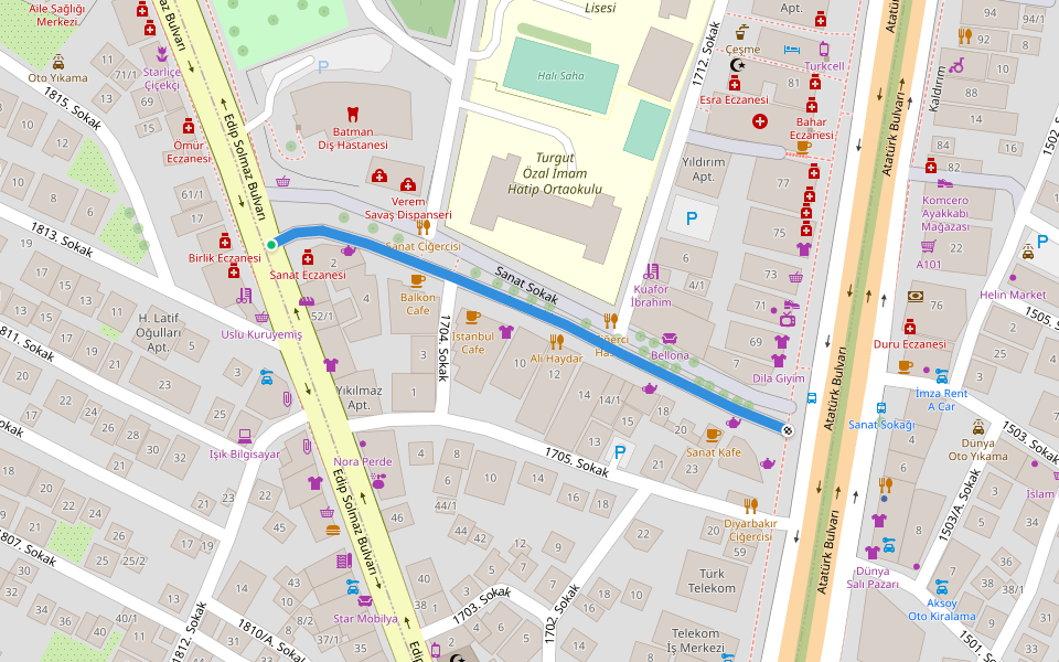 Lise Caddesi walking route map in Batman