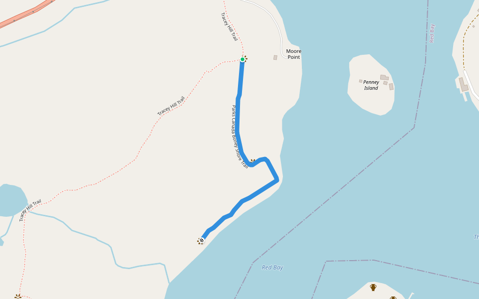 Parks Canada Boney Shore Trail walking route map in Red Bay