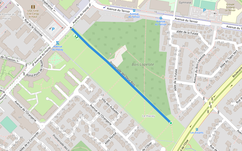 Promenade des Deux Bois walking route map in Cergy