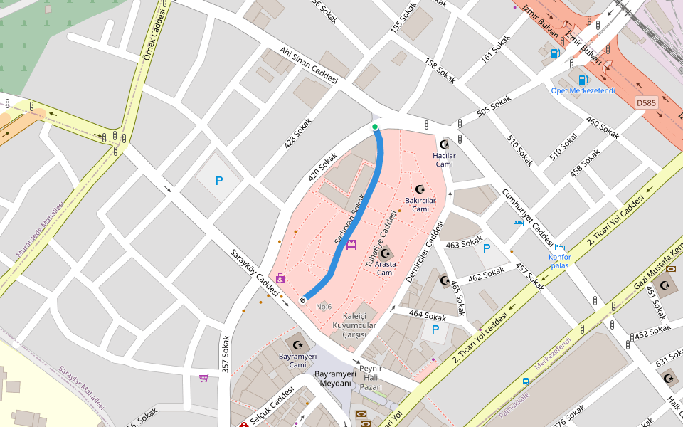 Şadırvan Sokak walking route map in Denizli