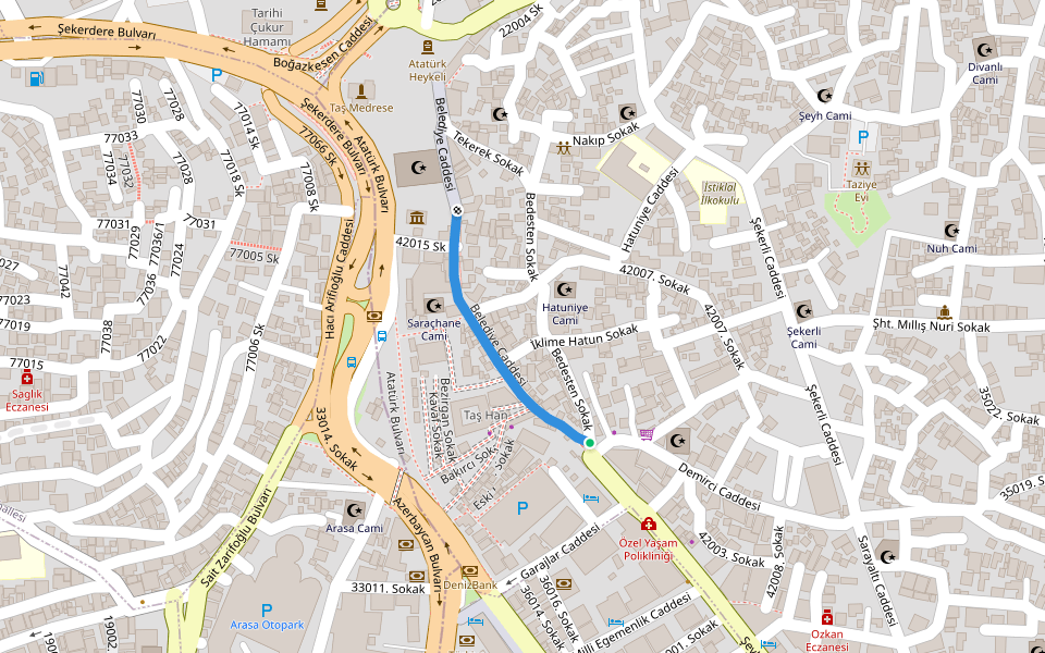 Belediye Caddesi walking route map in Kahramanmaraş