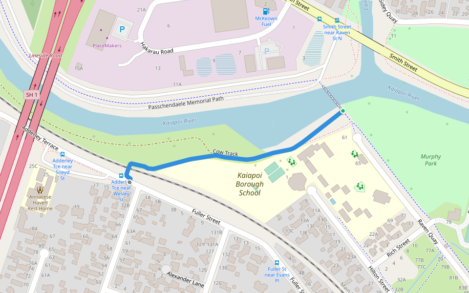 Cow Track walking route map in Kaiapoi