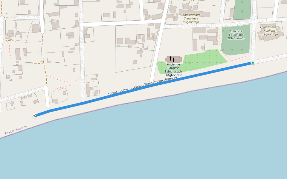 former Lomé - Cotonou Transafrican Highway walking route map in Agbodrafo