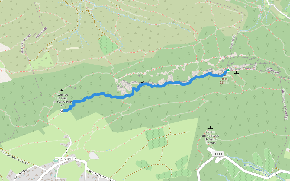 Crête Ouest du Pic Saint-Loup walking route map in Cazevieille