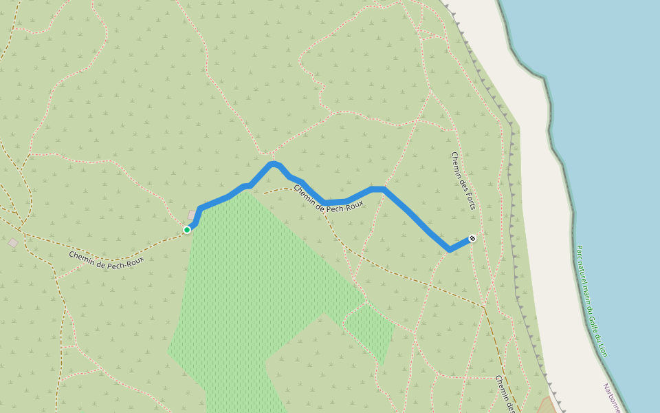 Chemin de Pech-Roux walking route map in Leucate