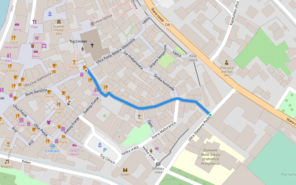 Ulica Petra Preradovića walking route map in Senj