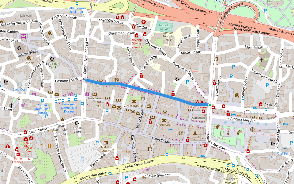 Kunduracılar Caddesi walking route map in Trabzon