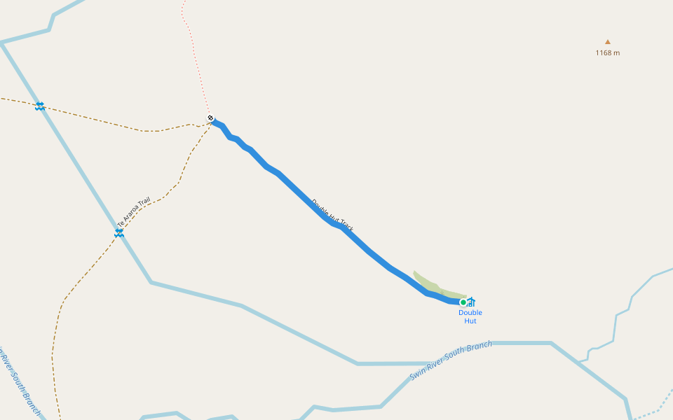 Double Hut Track walking route map in Ashburton Lakes