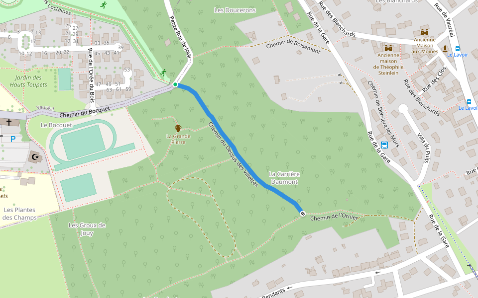 Chemin du Dessus des Villettes walking route map in Vauréal