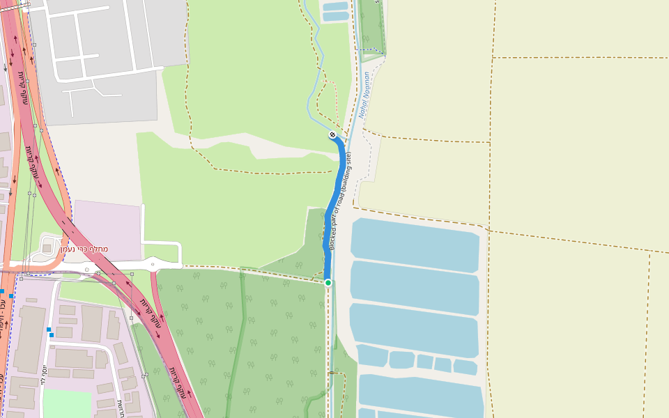 Blocked part of road (building site) walking route map in Kiryat Bialik
