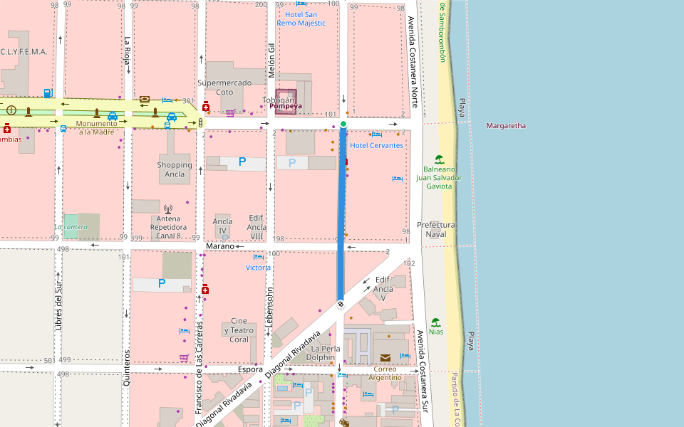 Peatonal Hipólito Yrigoyen walking route map in Mar de Ajó