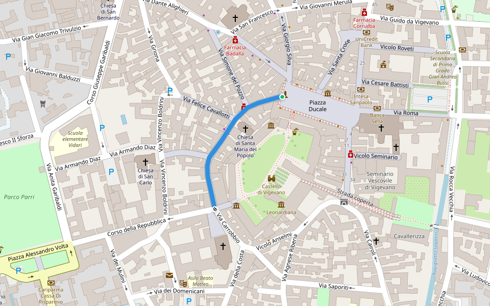 Via del Popolo walking route map in Vigevano