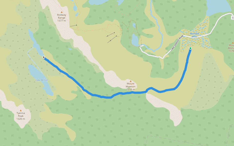 Lake Belcher from Wombat Moor walking route map in Mount Field