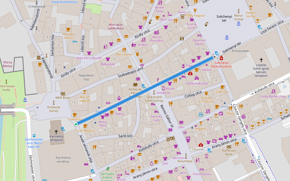 Kazinczy utca walking route map in Győr