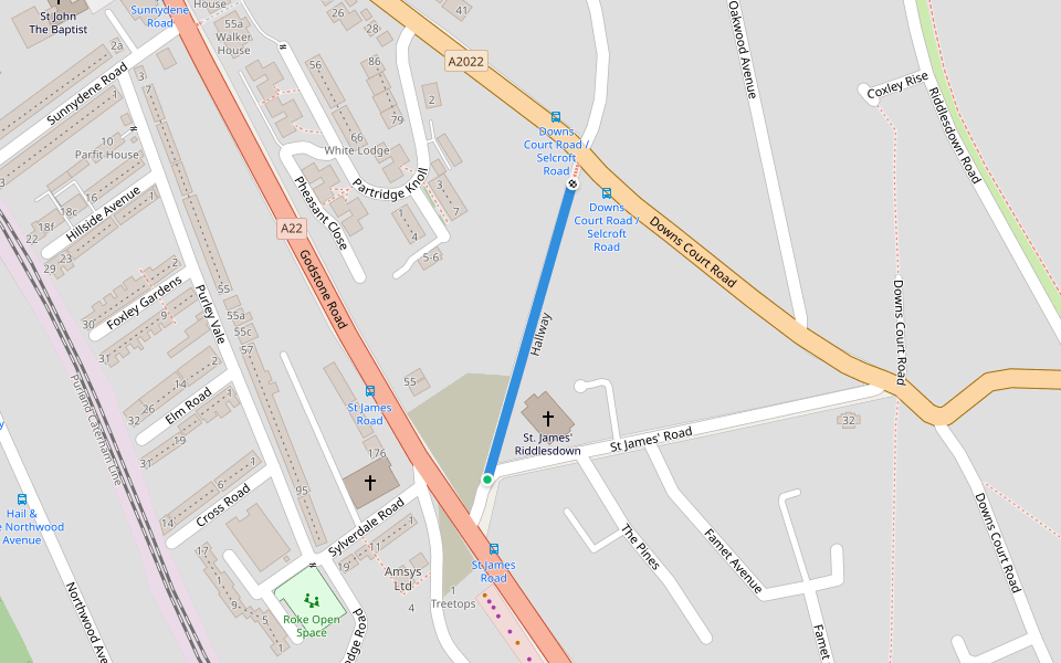 Hall Way walking route map in Kenley