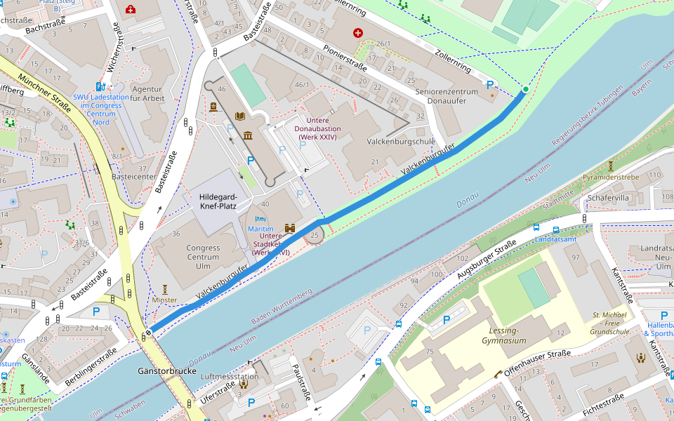 Valckenburgufer walking route map in Ulm