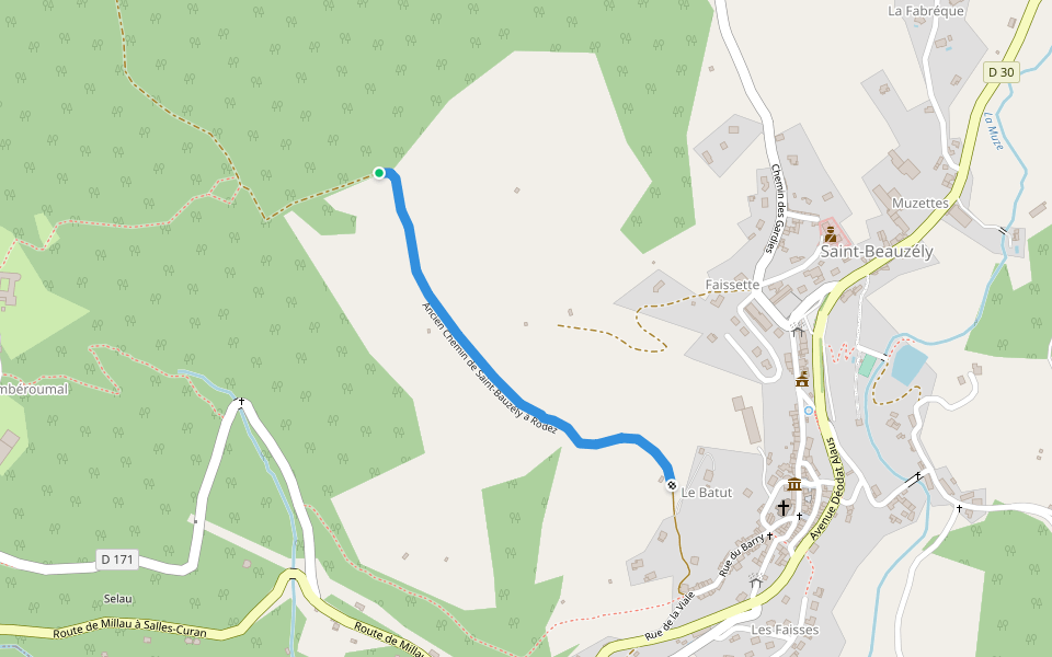 Ancien Chemin de Saint-Bauzély à Rodez walking route map in Saint-Beauzély