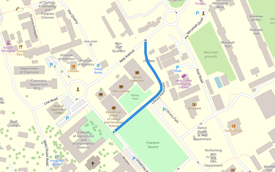 Library Pavement walking route map in Kampala
