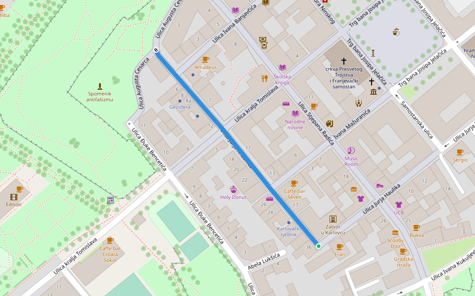 Ulica Jurja Križanića walking route map in Karlovac
