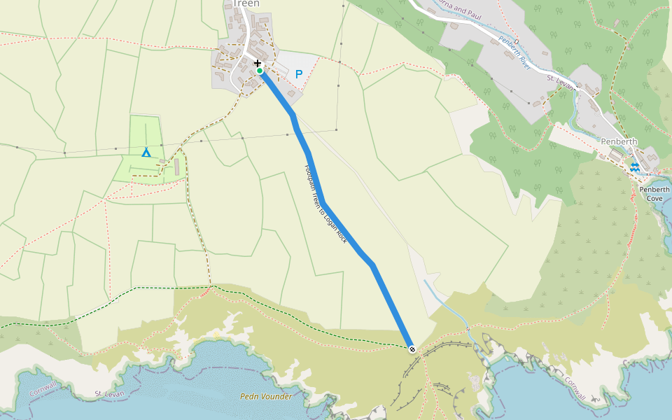 Footpath Treen to Logan Rock walking route map in Treen