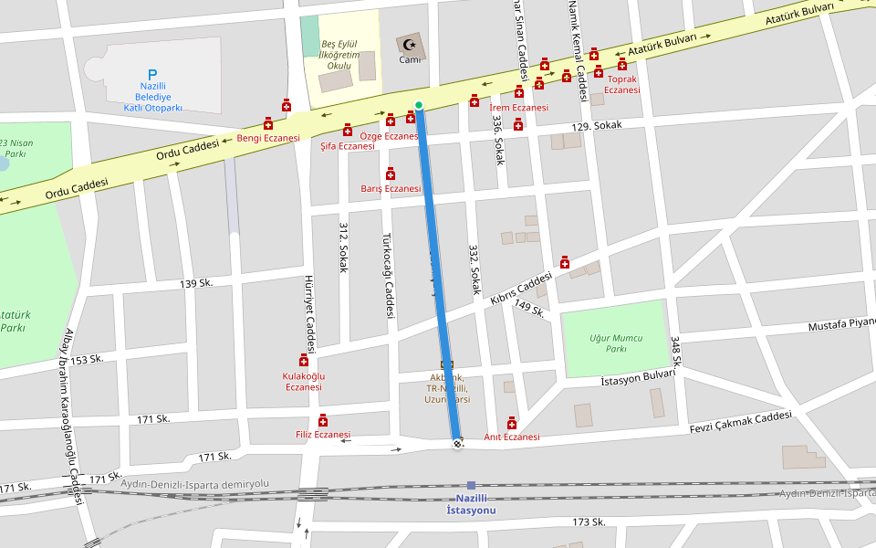 Uzun Çarşı walking route map in Aydın