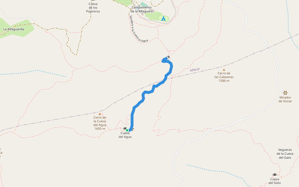Sendero de la Cueva del Agua walking route map in Víznar
