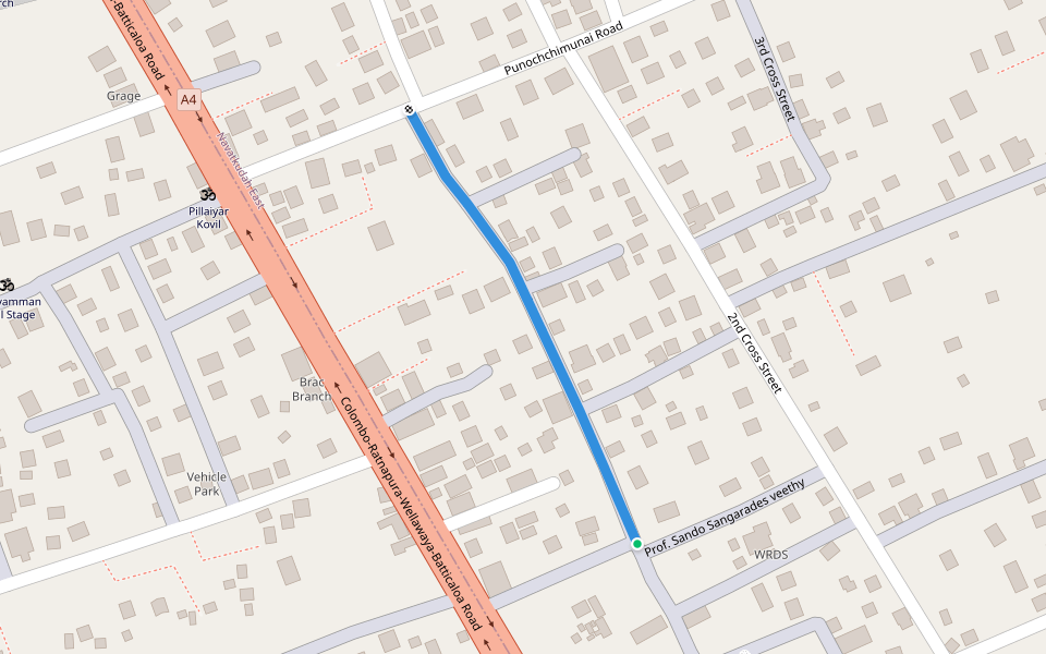 1st Cross Street walking route map in Kallady