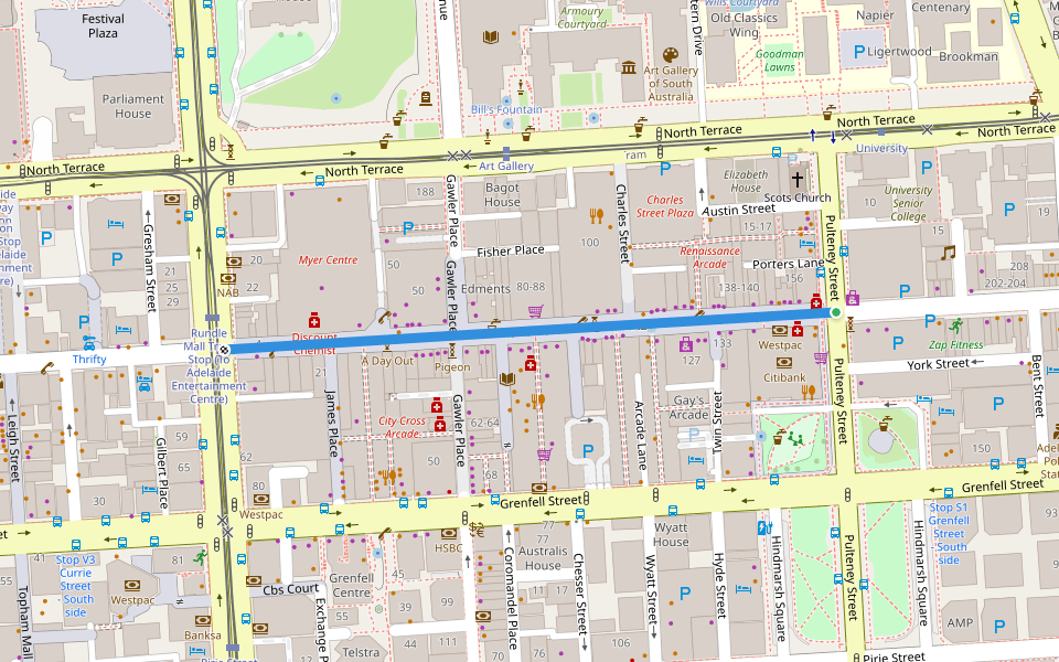 Rundle Mall walking route map in Kent Town