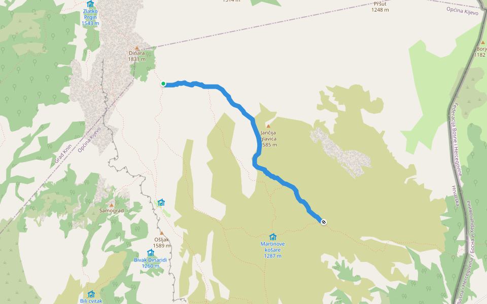 Uništa-Dinara walking route map in Kijevo