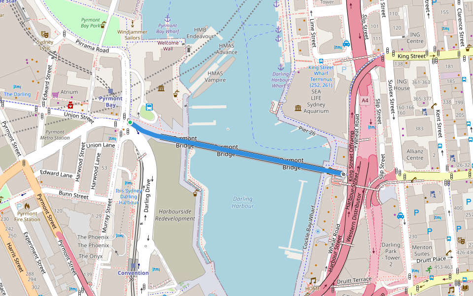 Pyrmont Bridge walking route map in Sydney