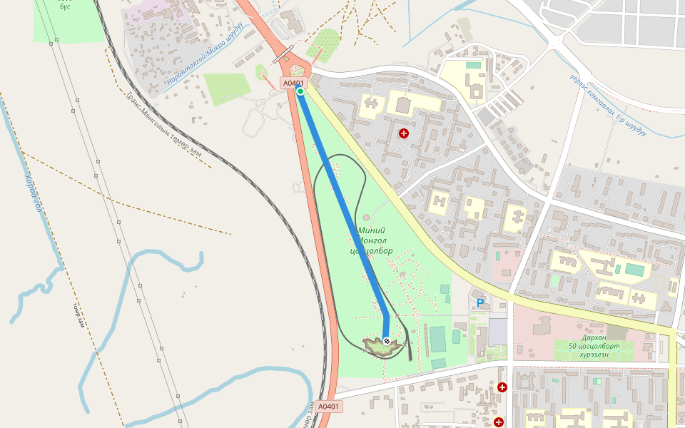 Цэцэрлэгт хүрээлэнгийн зам walking route map in Darkhan