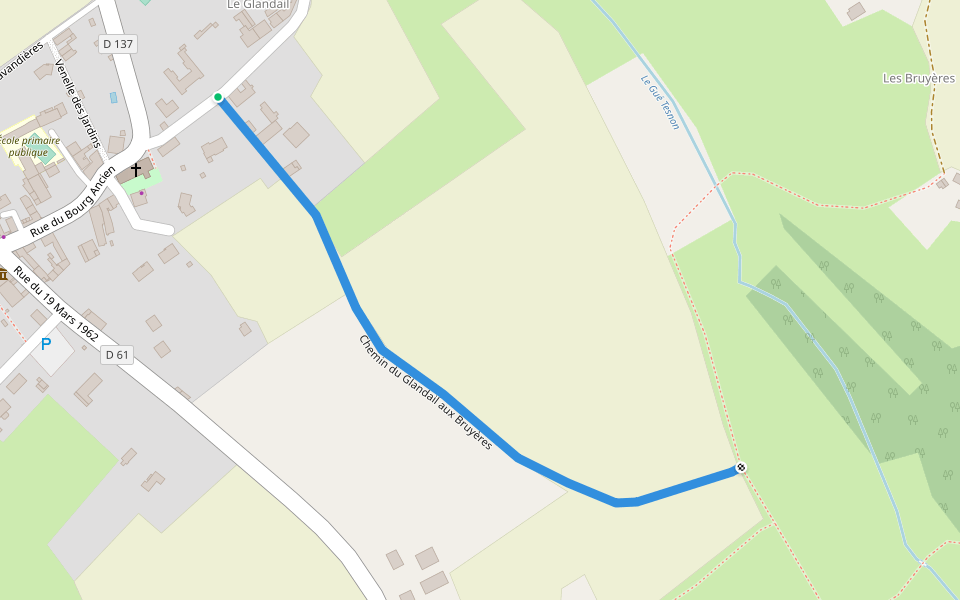 Chemin du Glandail aux Bruyères walking route map in Jupilles