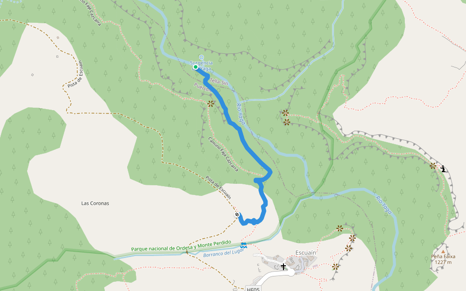 Camino Surgencia Escuaín walking route map in Escuain