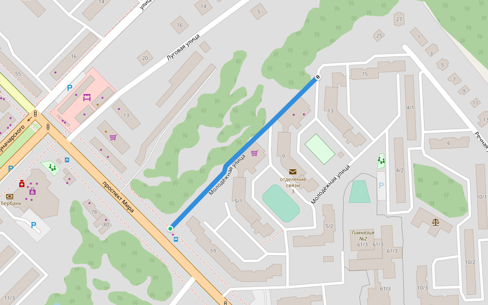 Молодёжная улица walking route map in Kirovo-Chepetsk