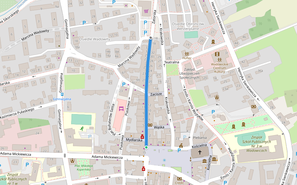 Zatorska walking route map in Wadowice