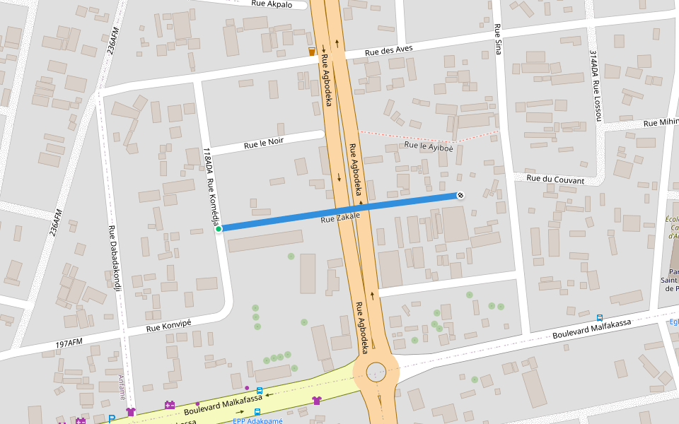 Rue Zakale walking route map in Lomé