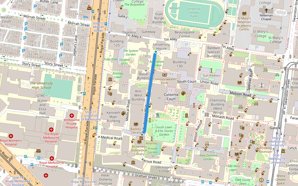 Professors Walk walking route map in Parkville