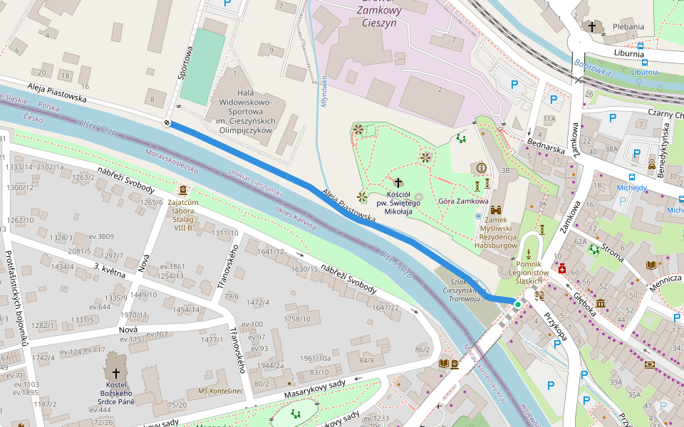 Aleja Piastowska walking route map in Cieszyn