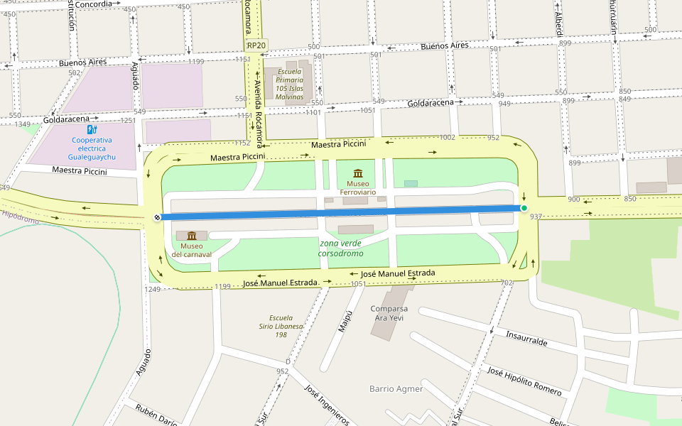 Pasarela del Corsódromo walking route map in Gualeguaychú