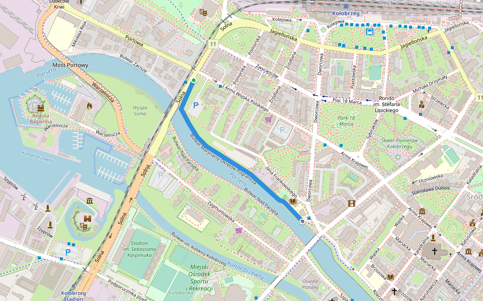 Bulwar Marynarzy Okrętów Pogranicza walking route map in Kołobrzeg