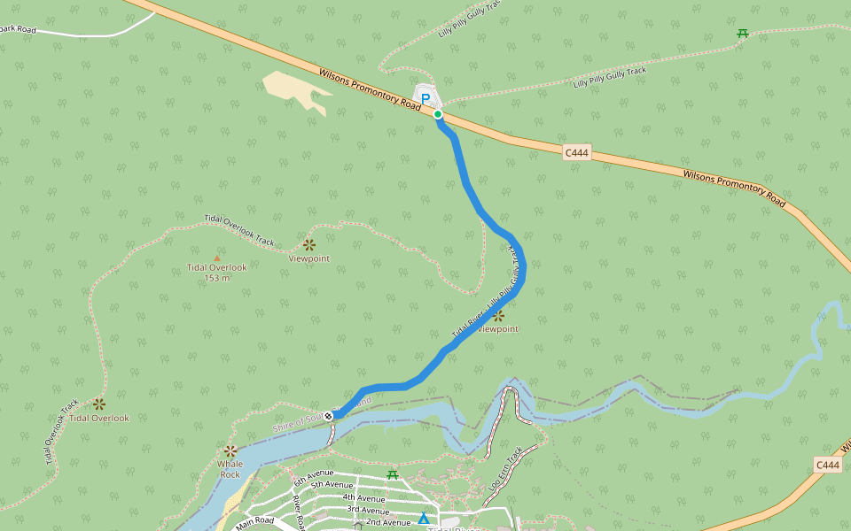 Tidal River - Lilly Pilly Gully Track walking route map in Wilsons Promontory