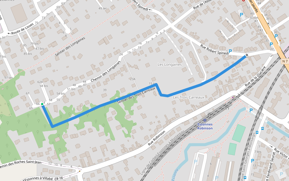 Sentier des Trois Carreaux walking route map in Corbeil-Essonnes
