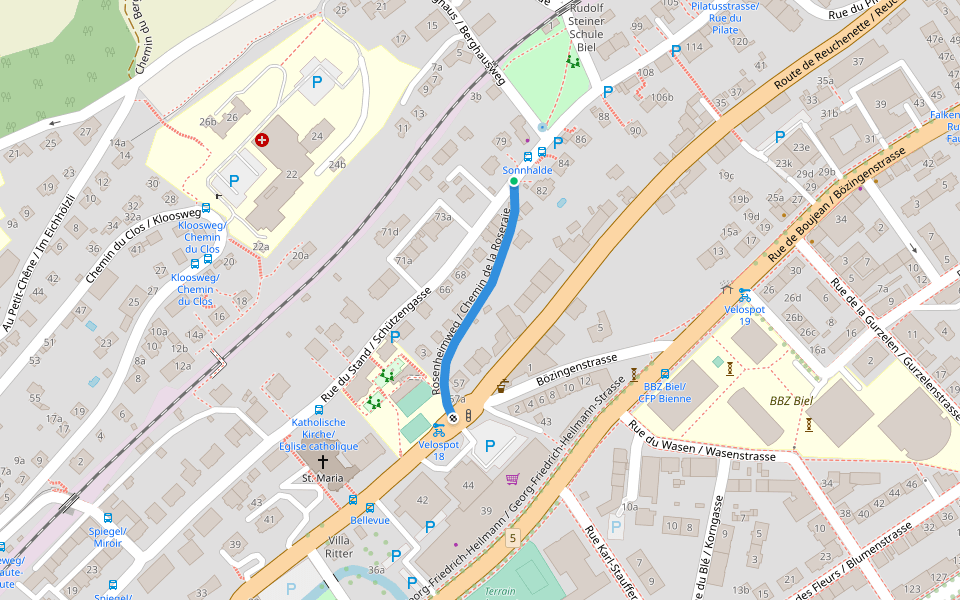 Rosenheimweg / Chemin de la Roseraie walking route map in Biel
