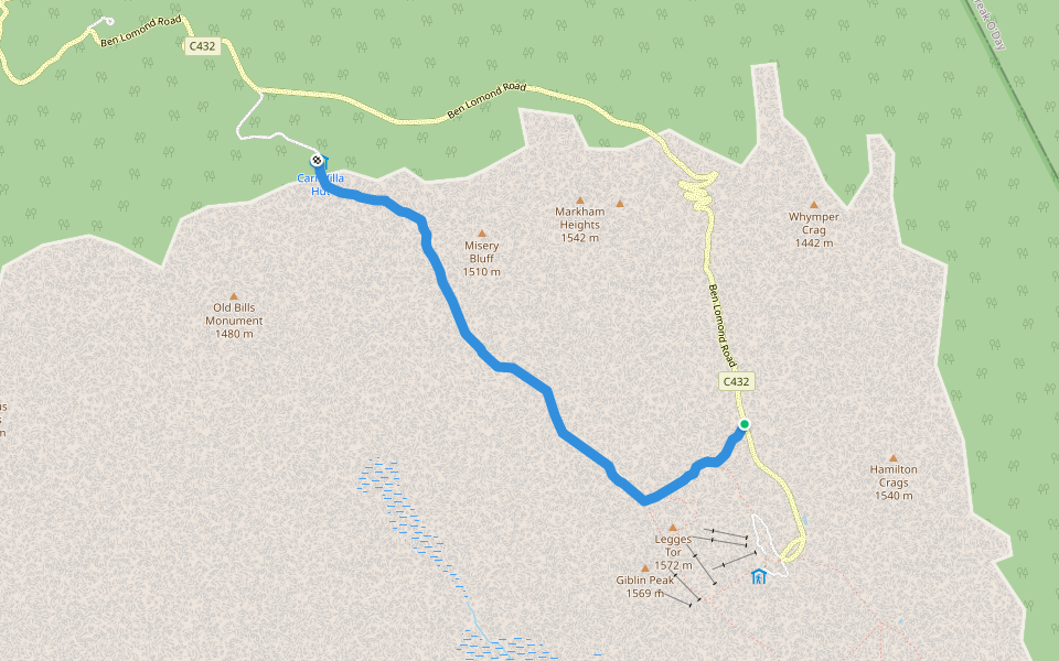 Carr Villa to Ben Lomond Road via Summit Pass walking route map in Ben Lomond