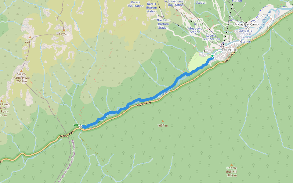 Thredbo River Track walking route map in Thredbo