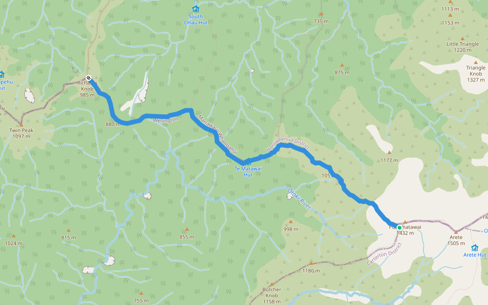 Dora Track (and Tararua Northern Crossing and Te Araroa Trail) walking route map in Ōtaki