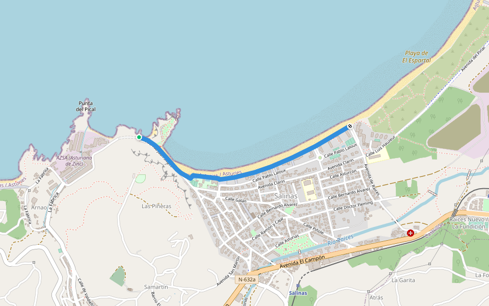 Paseo del Cantábrico walking route map in Piedras Blancas