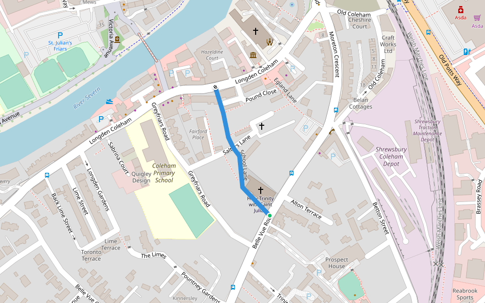 School Lane walking route map in Shrewsbury